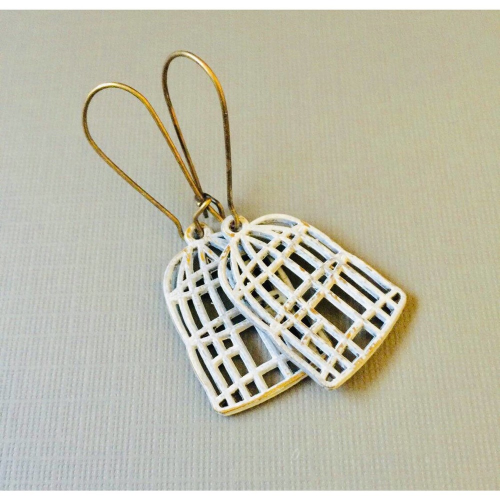 Handmade white patina birdcage dangle earrings
